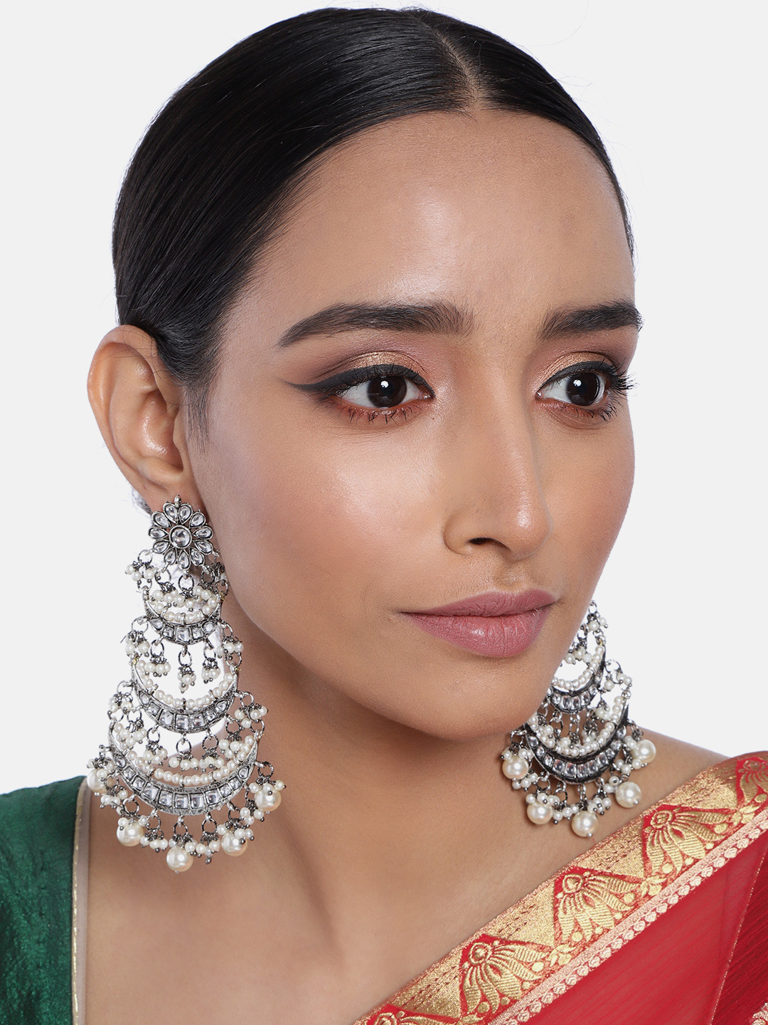 I Jewels Oxidised Silver-Plated & White 3 Layered Kundan and Pearl Studded Chandbalis
