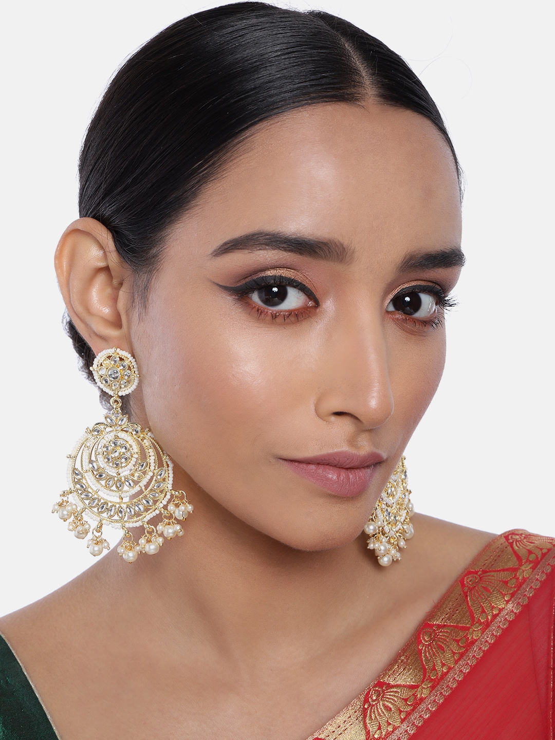 I Jewels Gold Plated Crescent Shaped Kundan Pearl Chandbalis Earrings