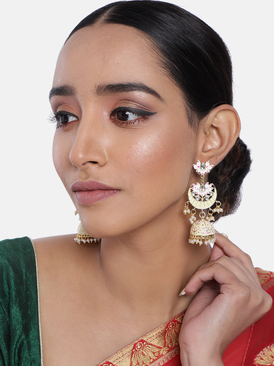 I Jewels Cream-Coloured Gold-Plated Dome Shaped Enamelled Jhumkas Earrings