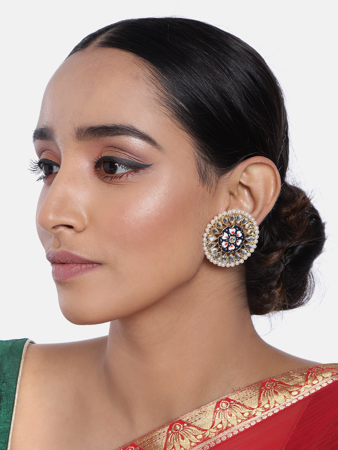 I Jewels Blue Circular Kundan & Pearl Studded Enamelled Oversized Studs