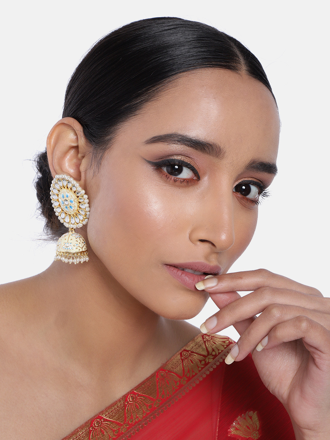 I Jewels Cream-Coloured Gold-Plated Enamelled Dome Shaped Jhumka Earrings