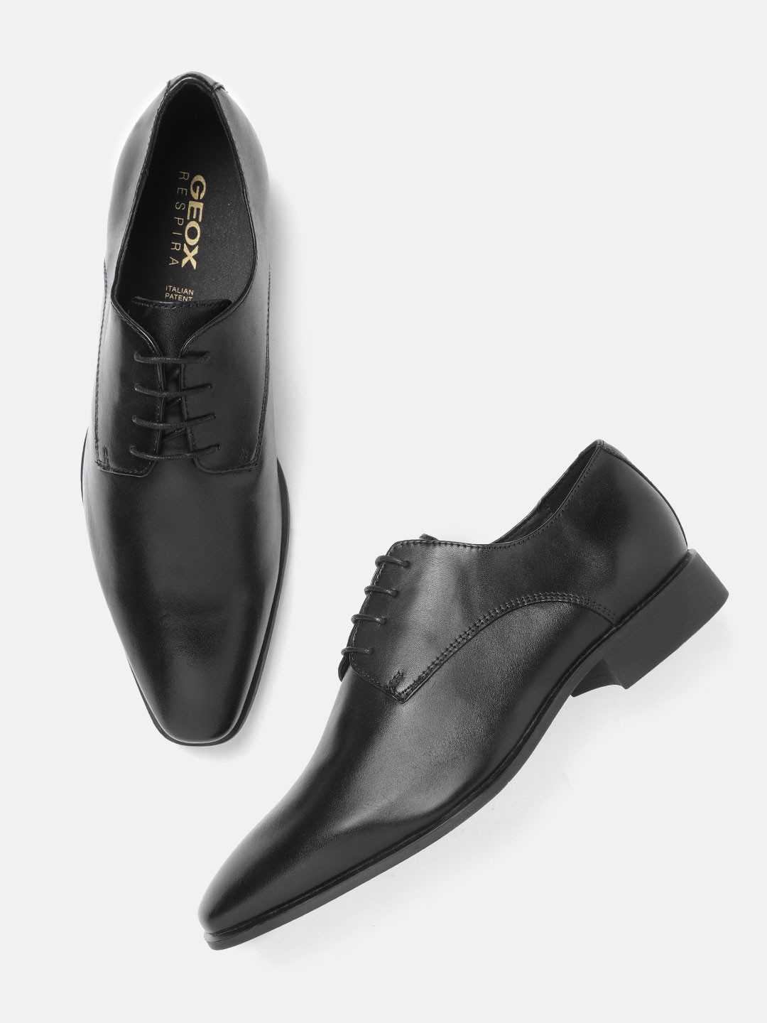 Geox Men Black Solid Leather Formal Derbys