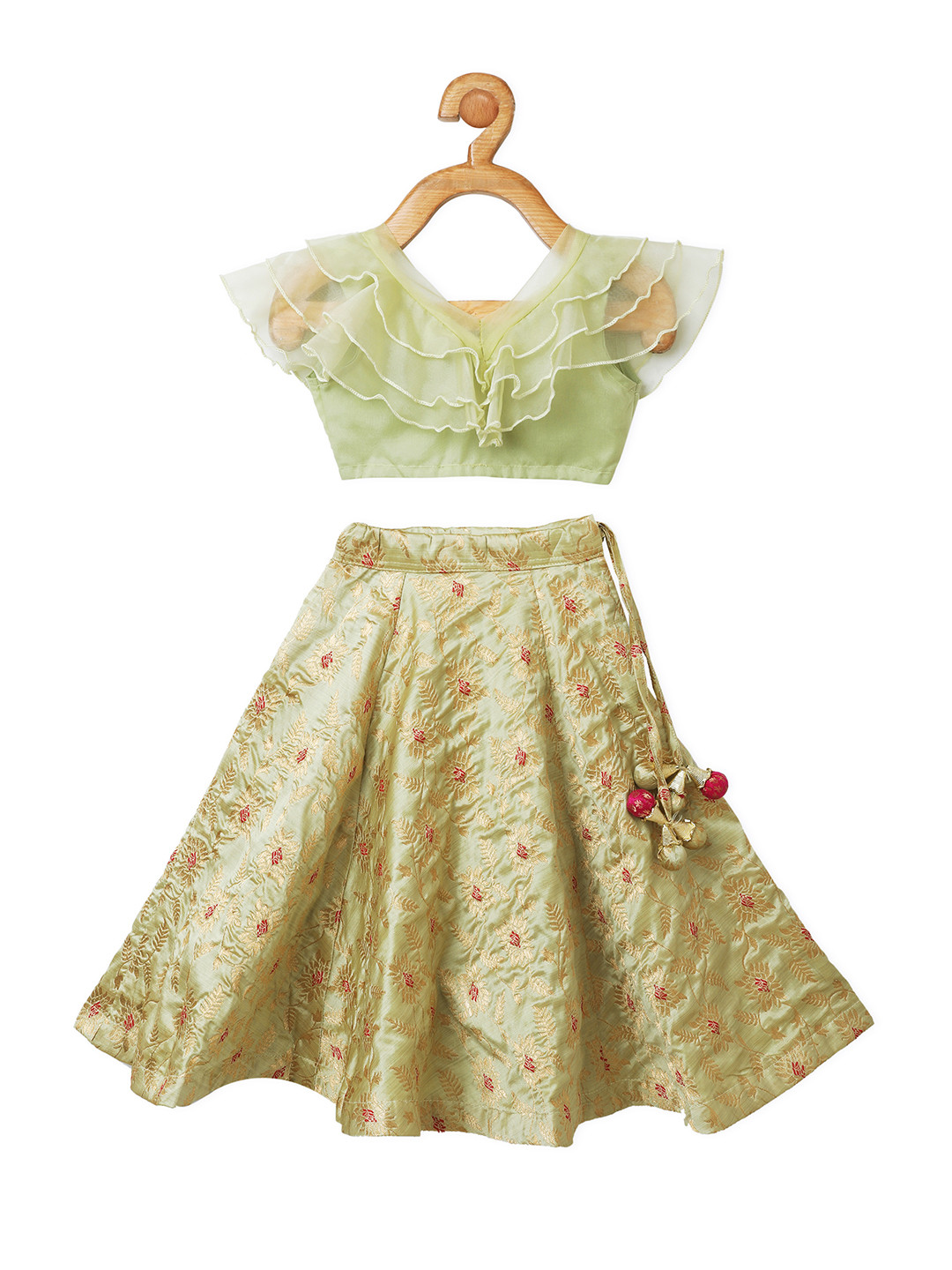 PICCOLO Girls Green Sleeveless Floral Printed Lehengas & Blouses Set