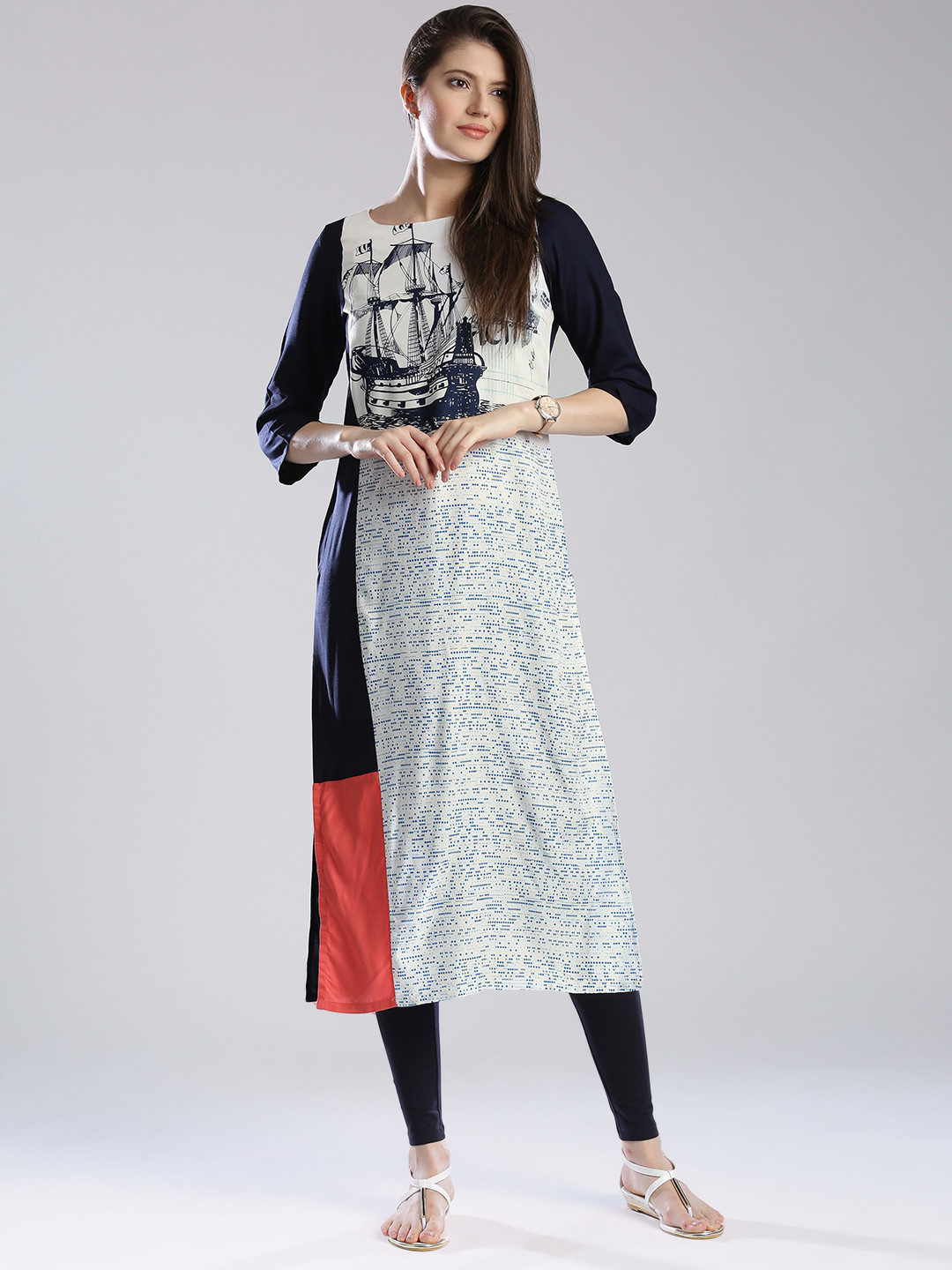 W Women White & Navy Sailor Printed Kurta