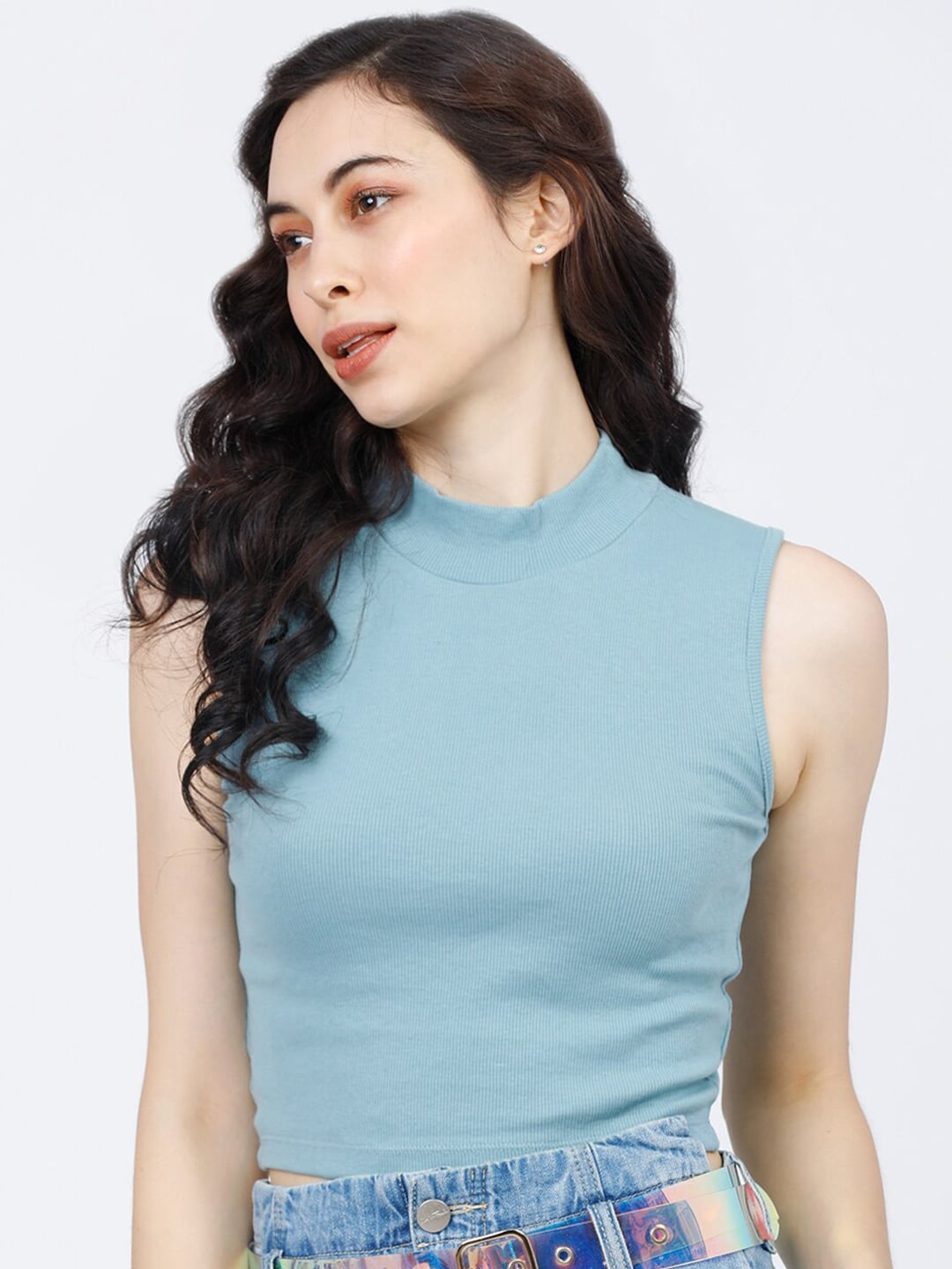 Tokyo Talkies Women Blue High Neck T-shirt