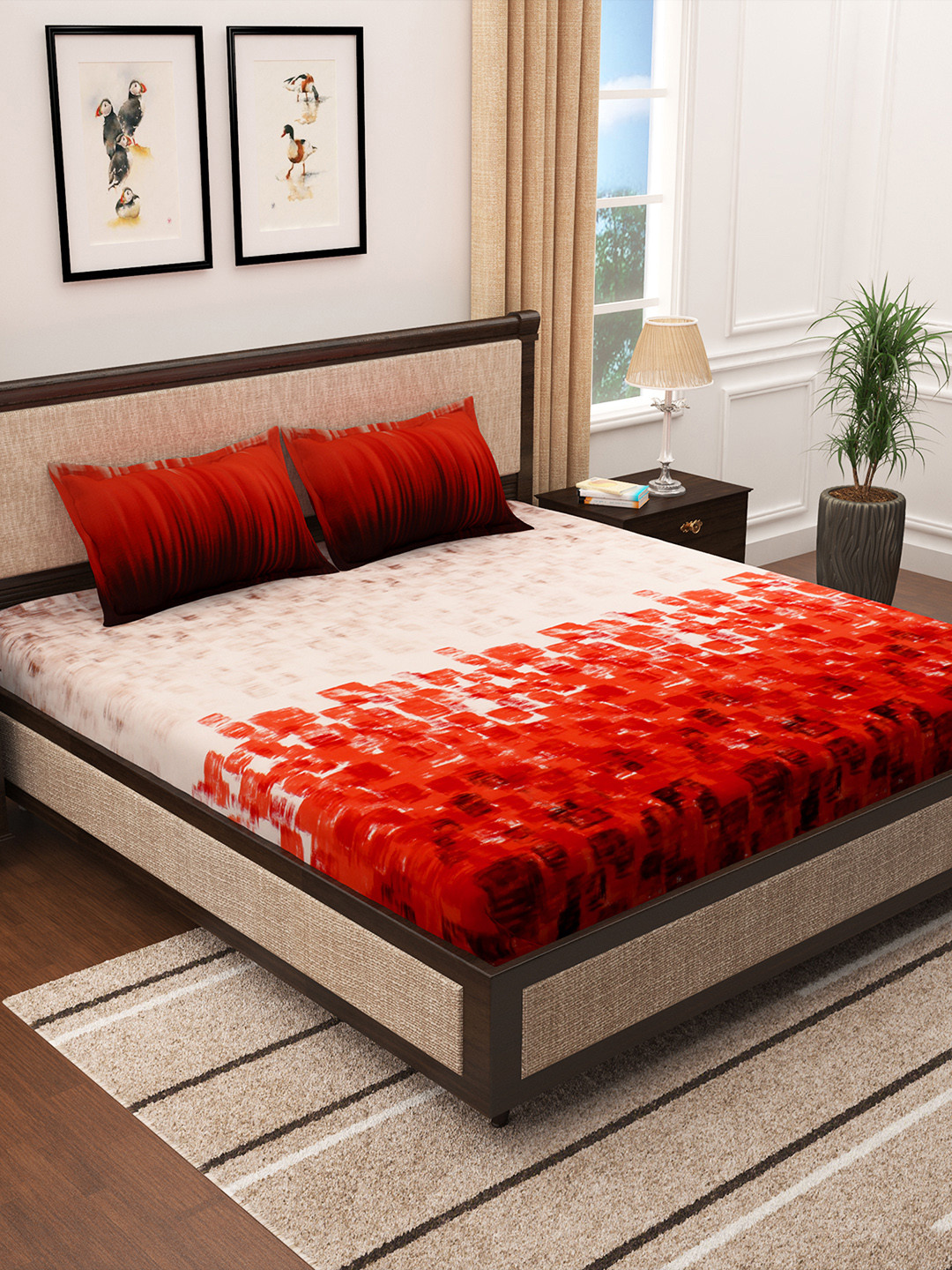 Story@home Red Floral 300 TC Cotton 1 King Bedsheet with 2 Pillow Covers