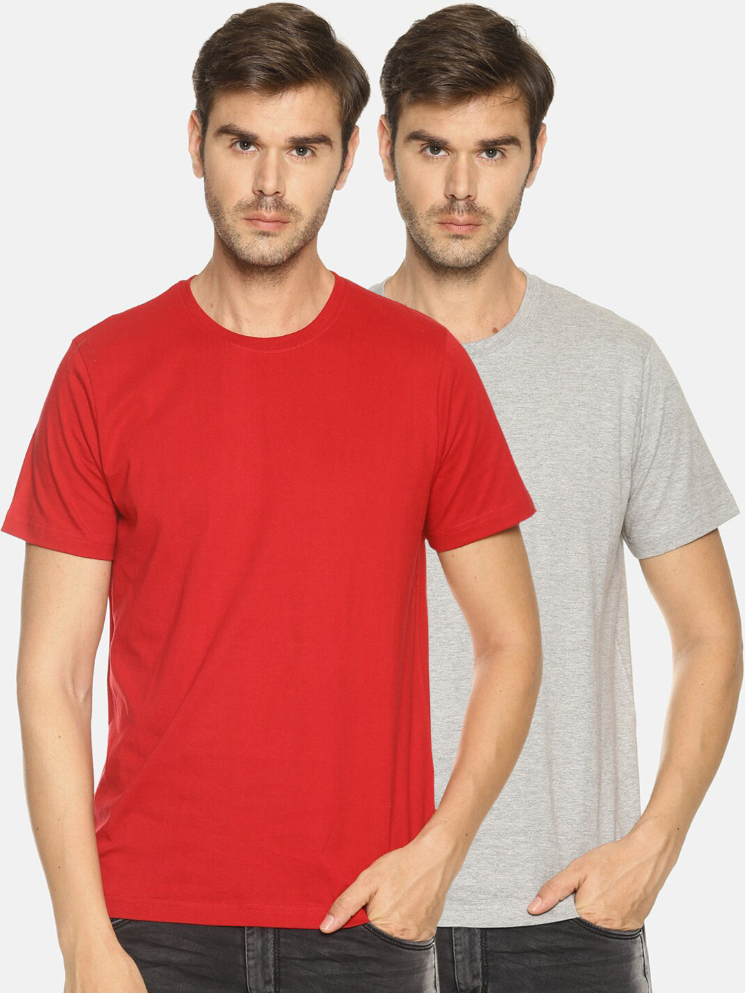 OBOW Men Set of 2 Grey Melange Red Solid Bio Finish Pure Cotton T-shirts