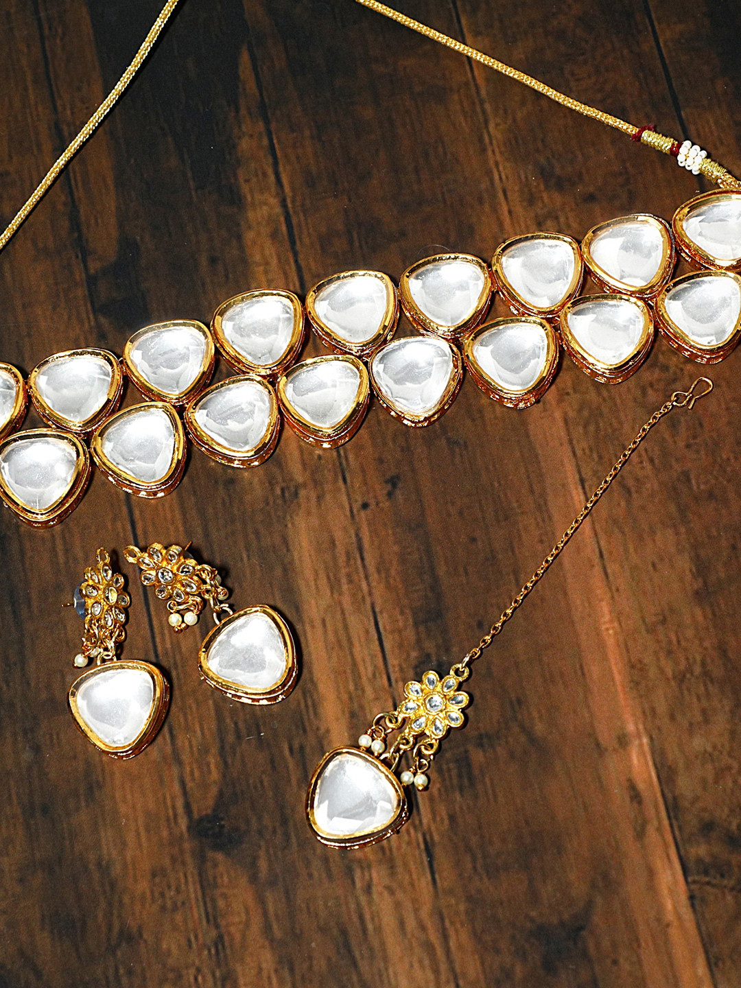 KARATCART Gold-Plated & White Kundan Polki Studded Double Layered Handcrafted Jewellery Set