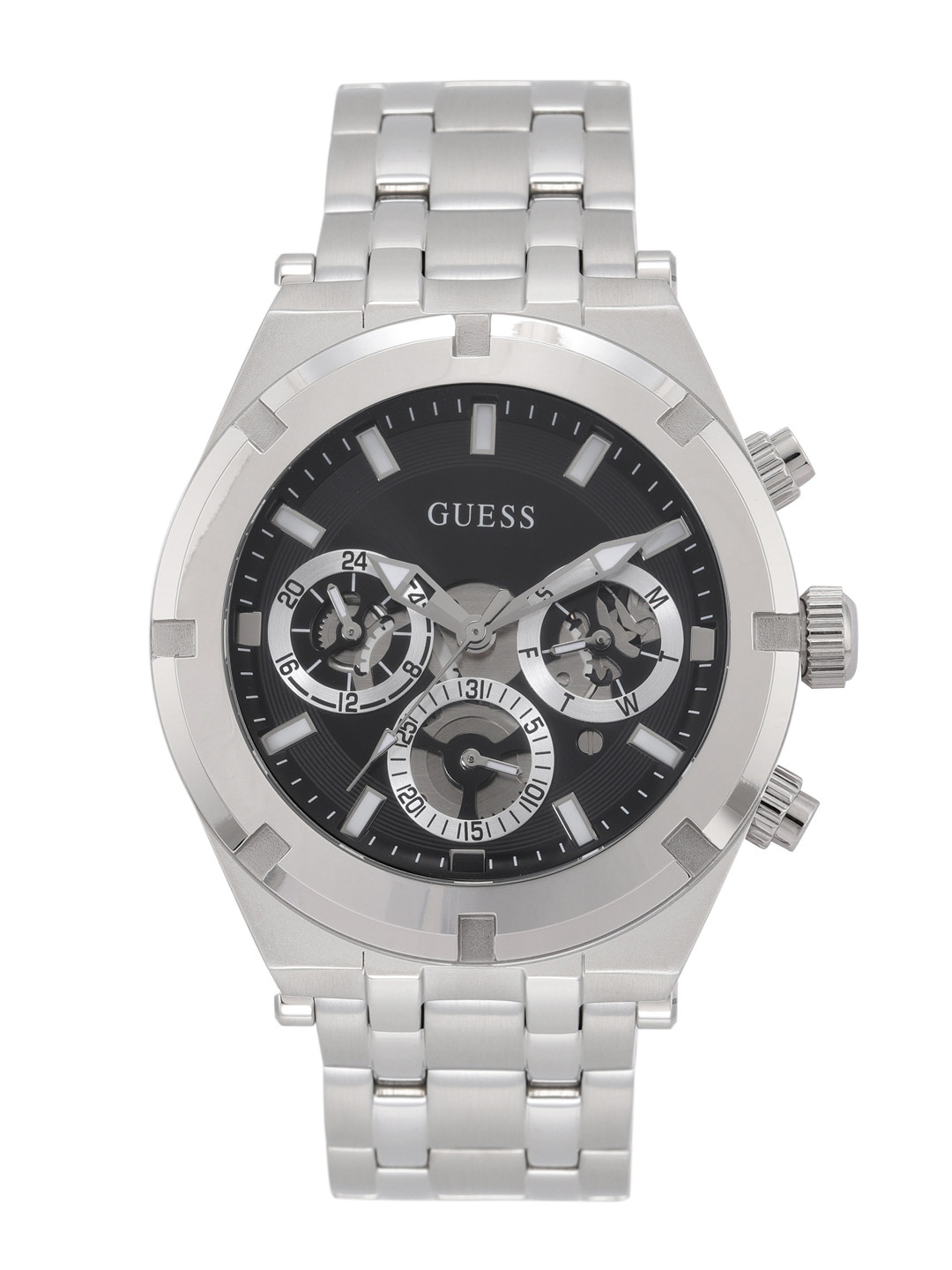 GUESS Men Black Dial & Silver Toned Stainless Steel Straps Analogue Watch GW0260G1