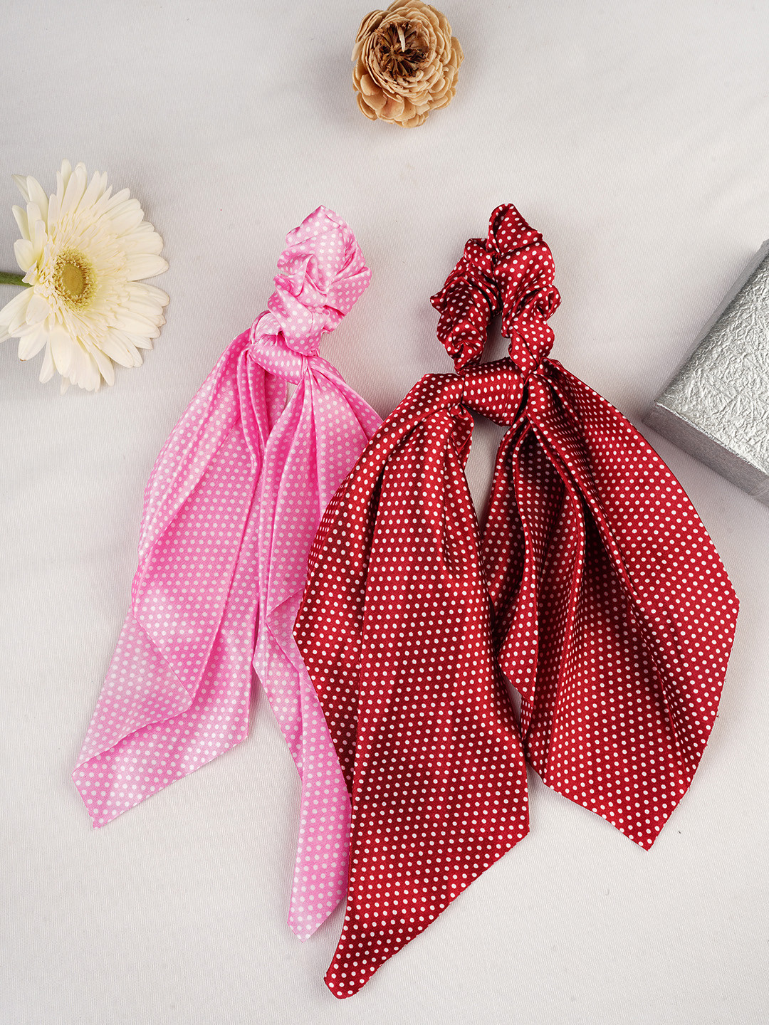 LAIDA Set of 2 Maroon & Pink Polka Dot Print Scarf-detail Scrunchies
