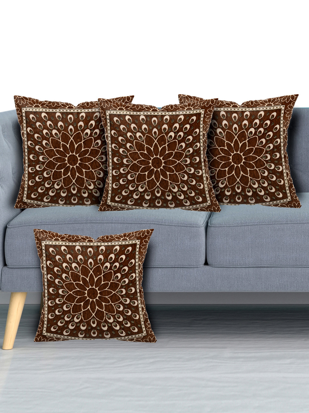 Kuber Industries Set Of 4 Brown & Beige Floral Velvet Square Cushion Covers