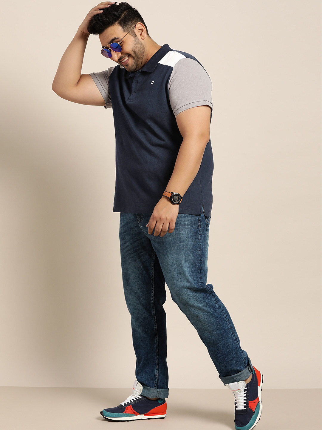 Sztori Men Plus Size Navy Blue  White Solid Pure Cotton Polo Collar Pure Cotton T-shirt