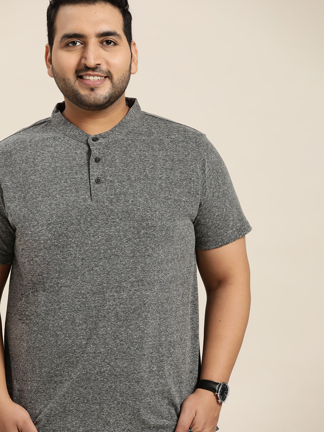 Sztori Men Plus Size Charcoal Grey Solid Band Collar T-shirt