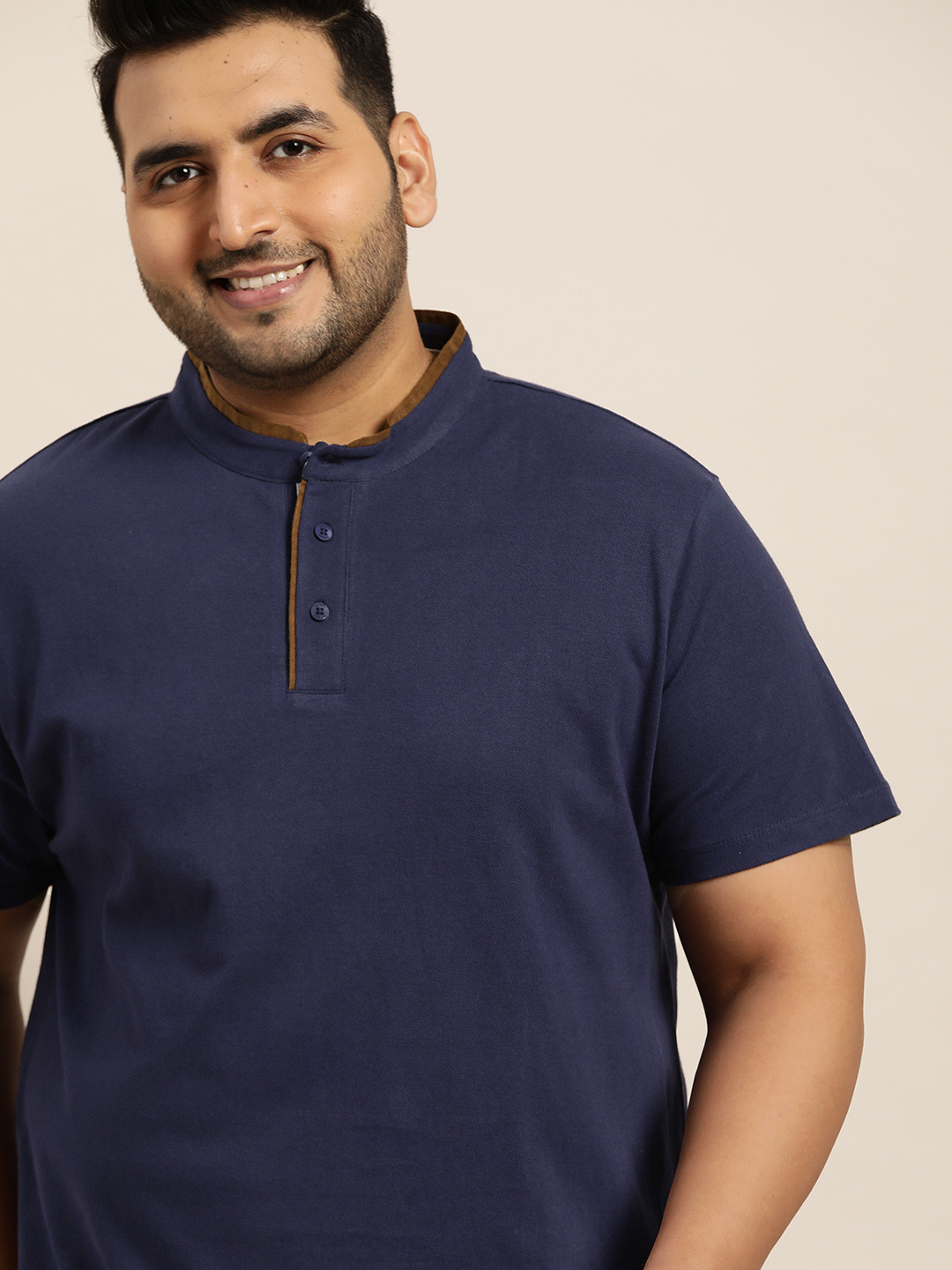 Sztori Men Plus Size Navy Blue Solid Mandarin Collar T-Shirt