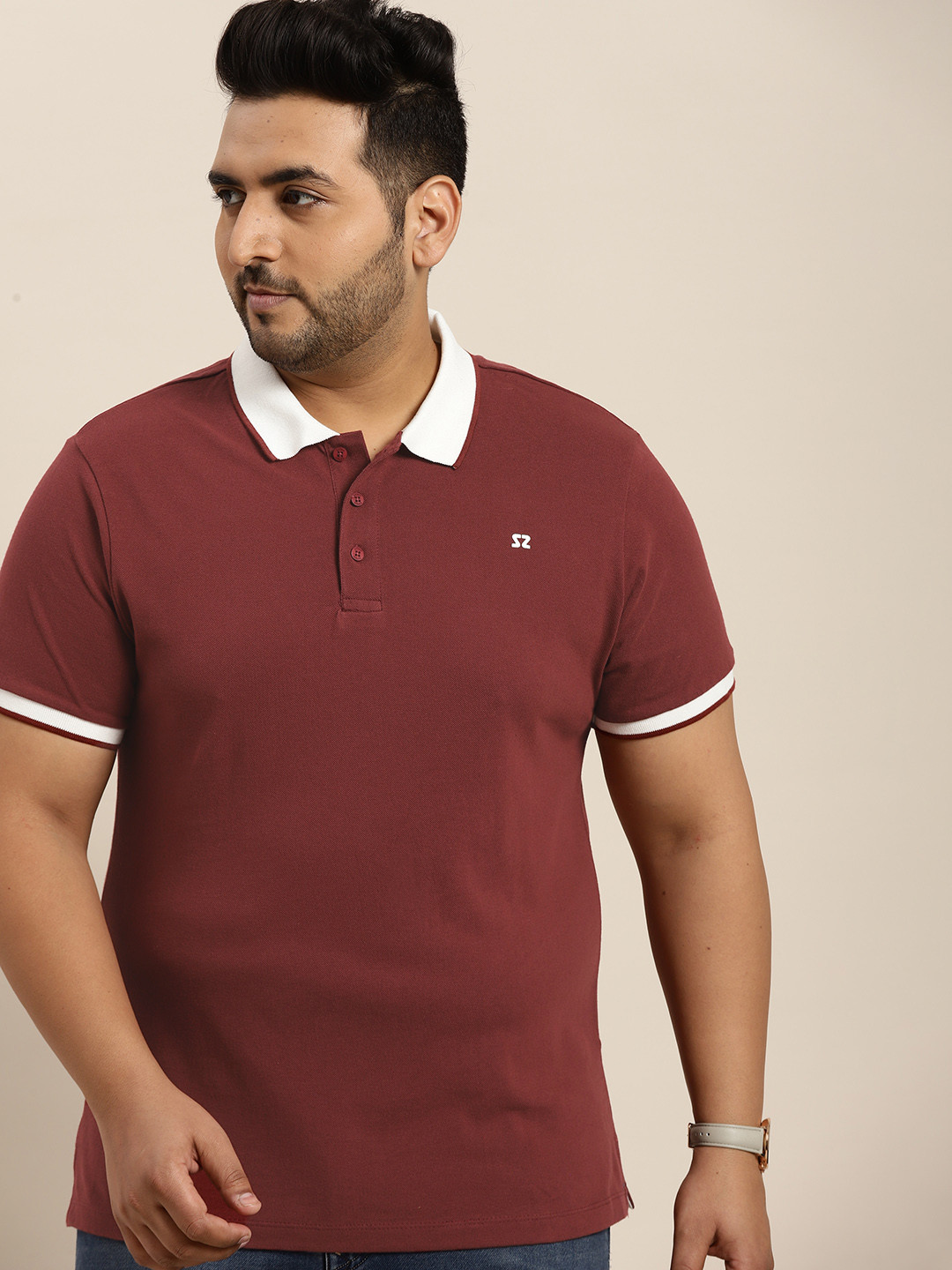 Sztori Men Plus Size Maroon Solid Cotton Polo Collar T-shirt