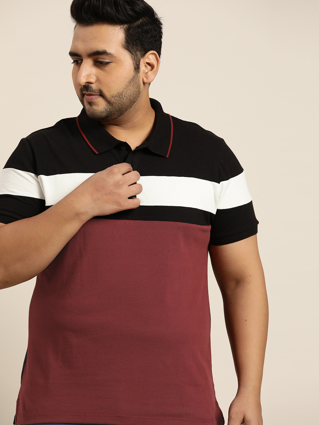 Sztori Men Plus Size Burgundy & Black Colourblocked Polo Collar Cotton T-shirt
