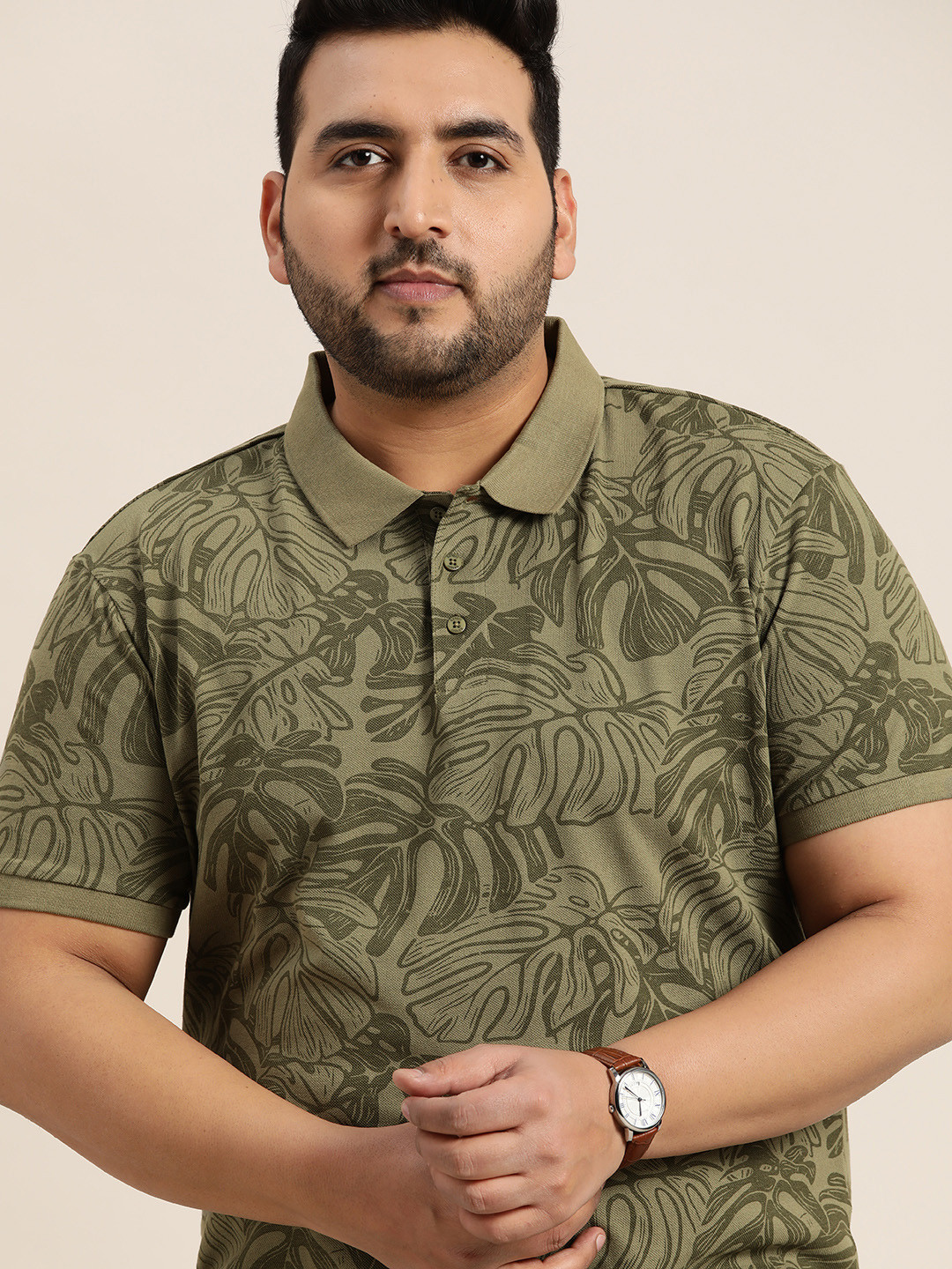 Sztori Men Plus Size Olive Green Floral Printed Polo Collar Pure Cotton  T-shirt
