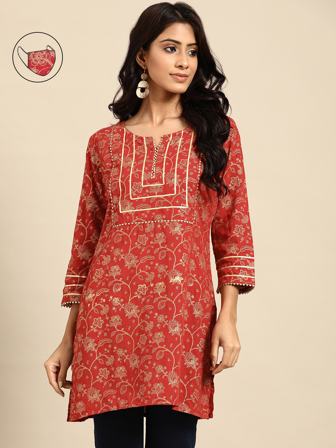 RANGMAYEE Red & Golden Foil Sanganeri Block Print Liva Kurti with Mask