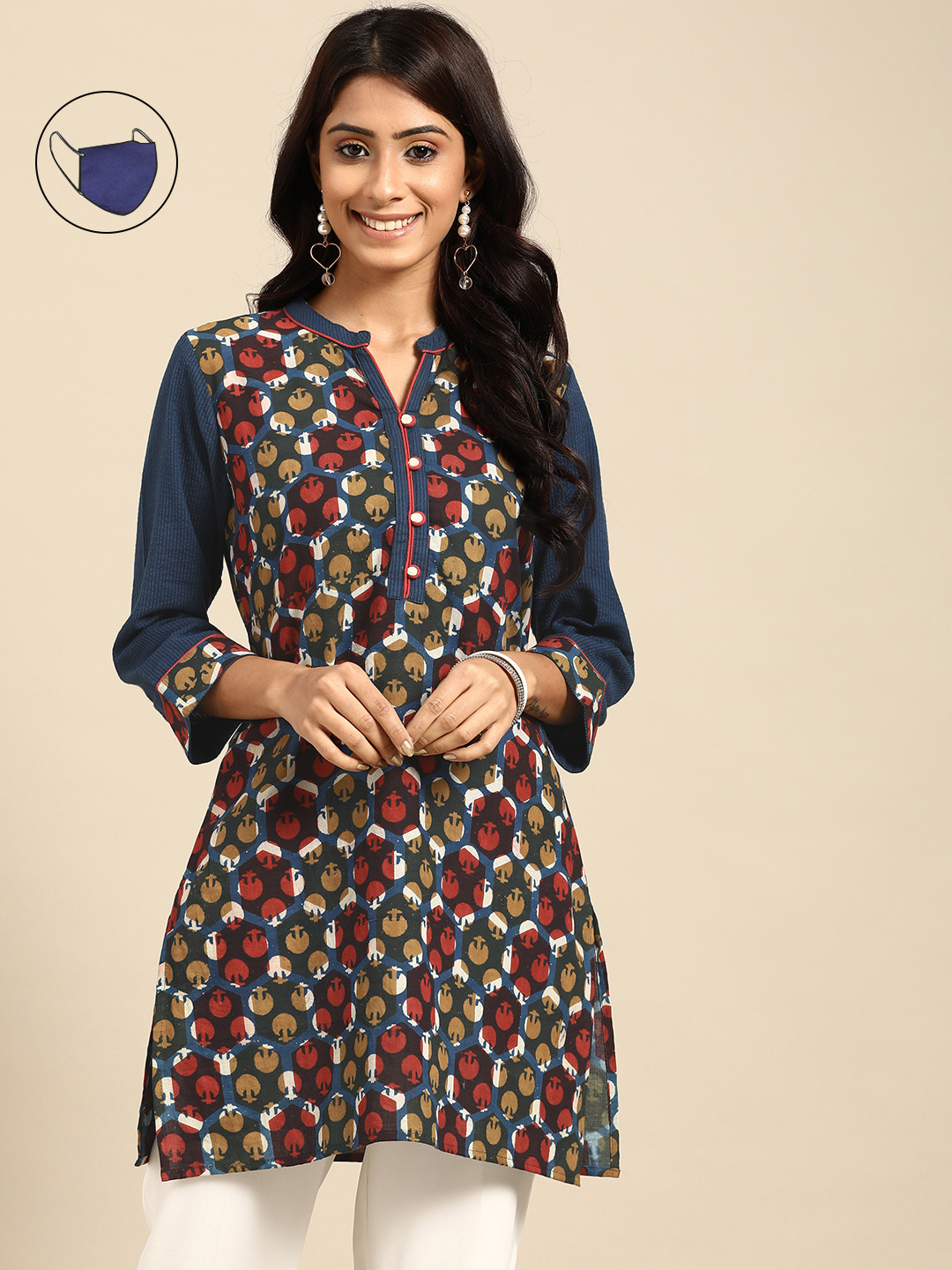 RANGMAYEE Navy Blue & Red Sanganeri Block Print Pure Cotton Kurti with Mask