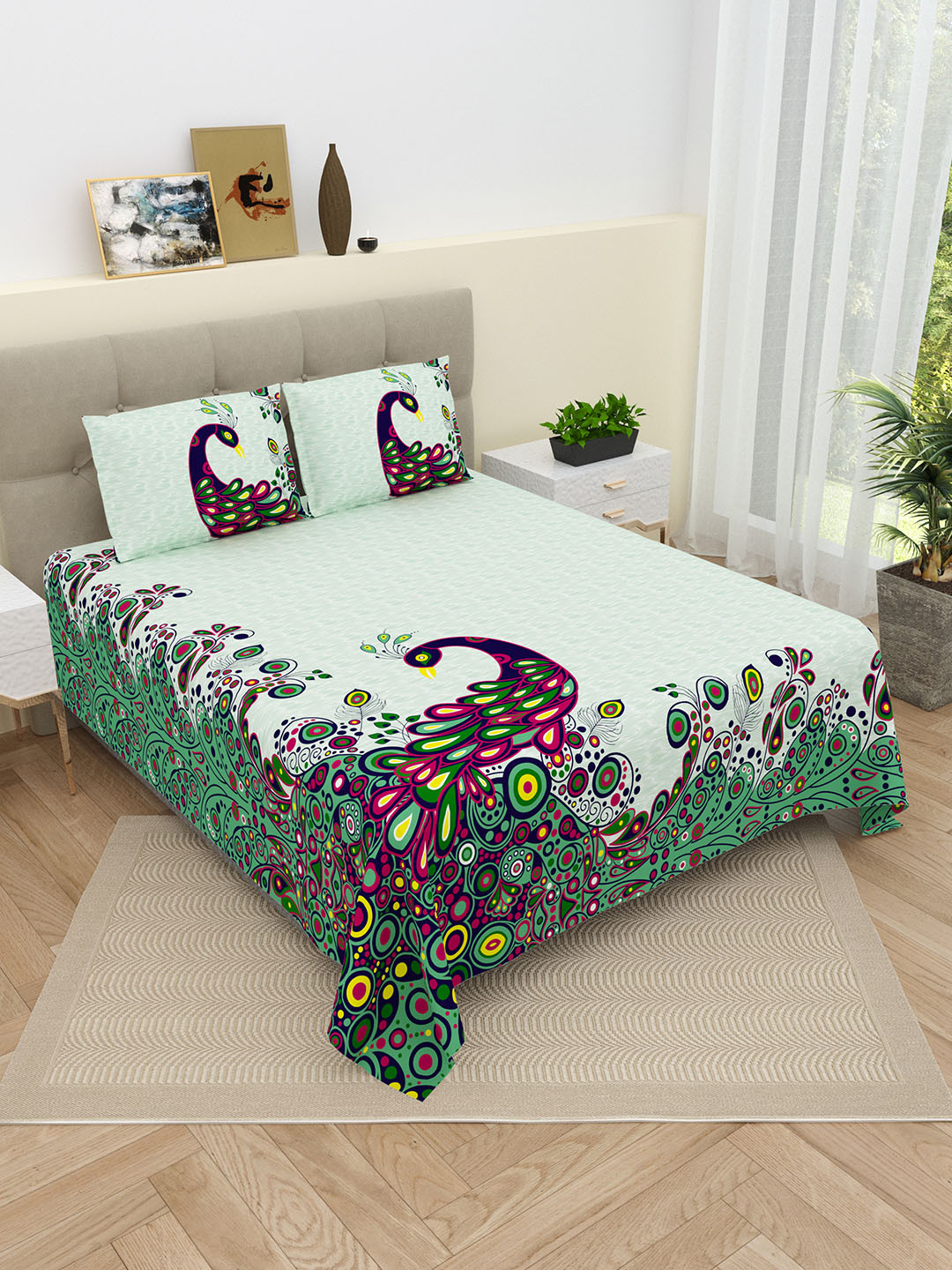 DREAM WEAVERZ White & Green Peacock Print Pure Cotton 220 TC King Bedsheet Set
