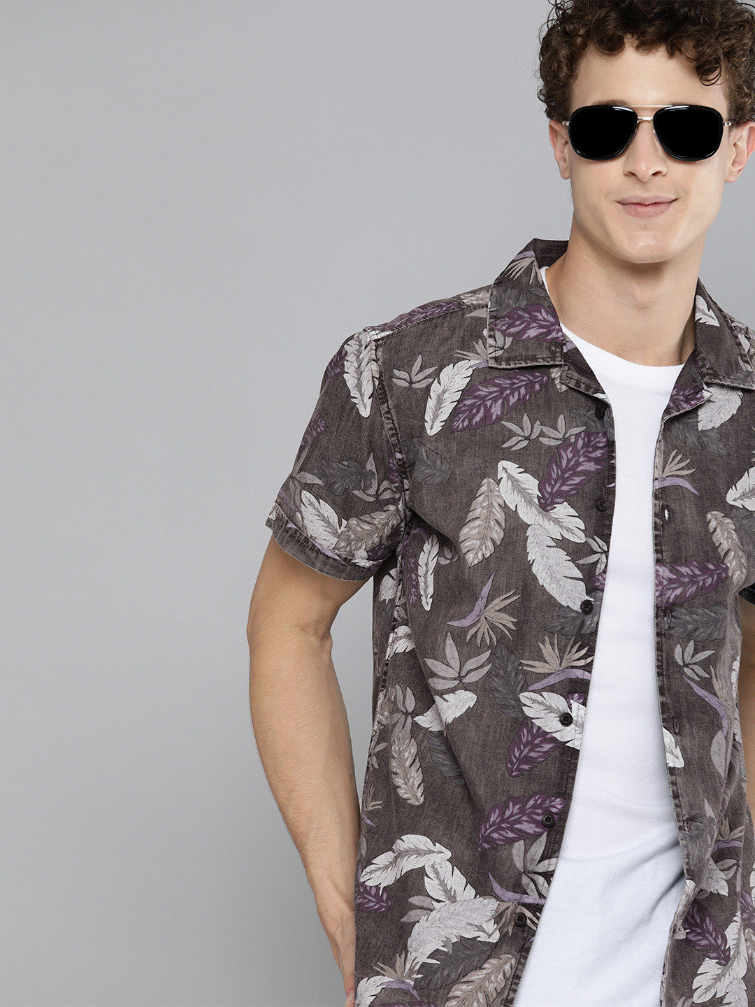 HERE&NOW Men Grey & Purple Slim Fit Opaque Printed Casual Shirt