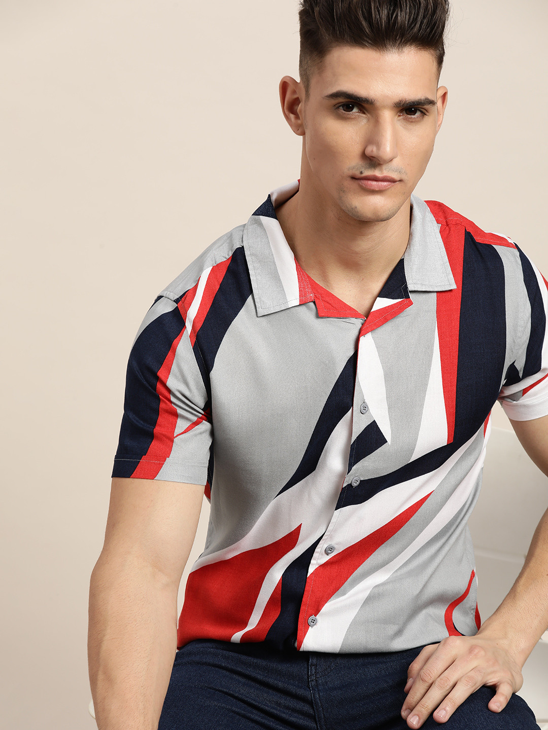Moda Rapido Men Grey & Red  Slim Fit Printed Casual Shirt