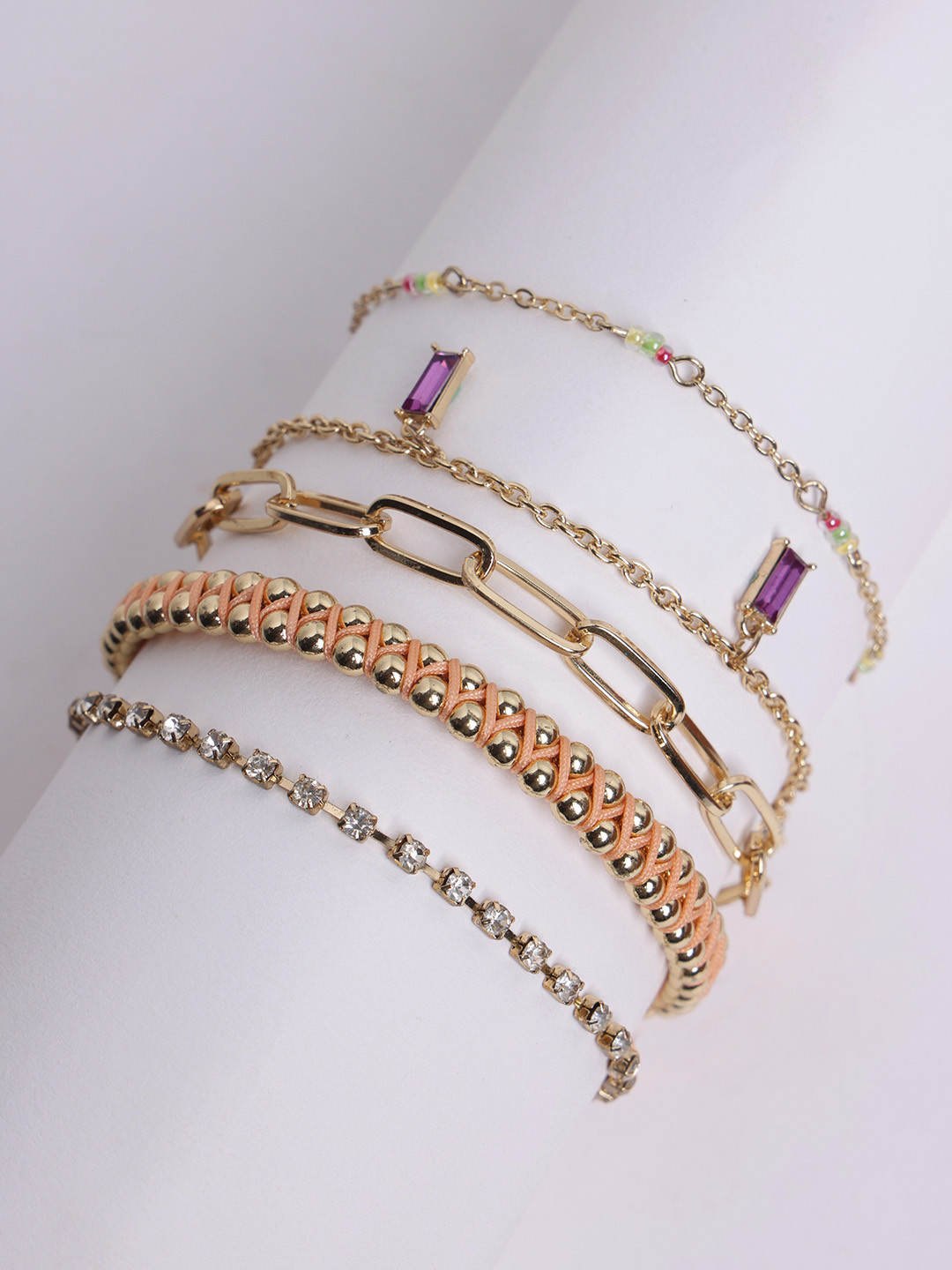 VOGUE PANASH Women Set Of 6 Gold-Plated & Pink Handcrafted Charm Bracelets