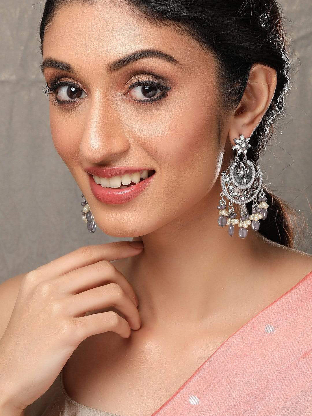 Rubans Silver-Plated Kundan With Beads Studded Handcrafted Classic Drop Earrings