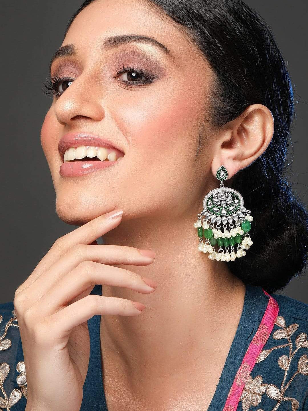 Rubans Pack of 2 Silver & Green Contemporary Chandbalis Earrings