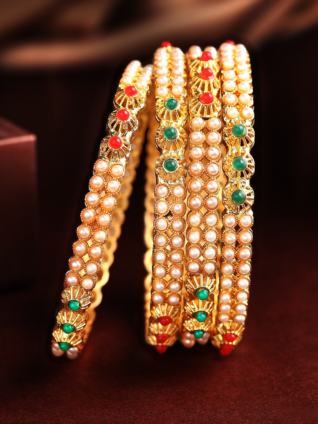Rubans Set Of 4 Gold Toned Red & Green Stone-Studded 22K Gold-Plated Handcrafted Bangles