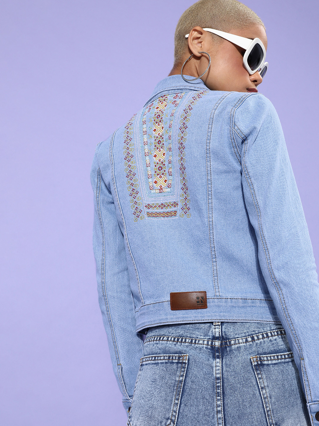 HERE&NOW Women Blue Embroidered Denim Jacket
