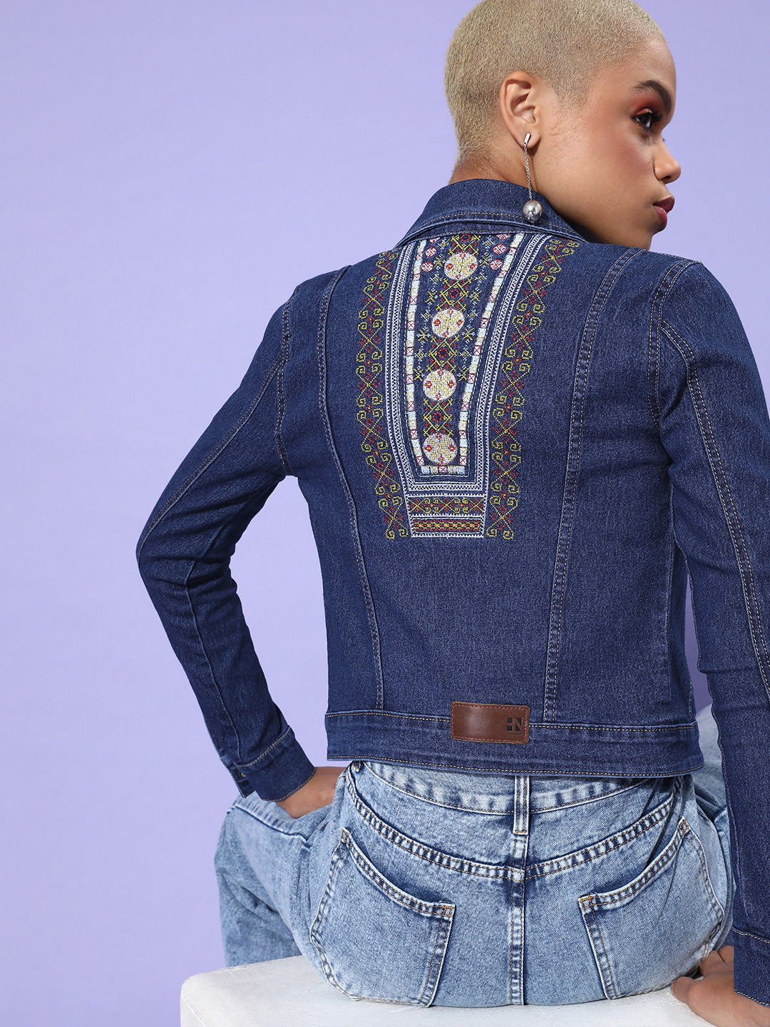 HERE&NOW Women Blue Embroidered Denim Jacket