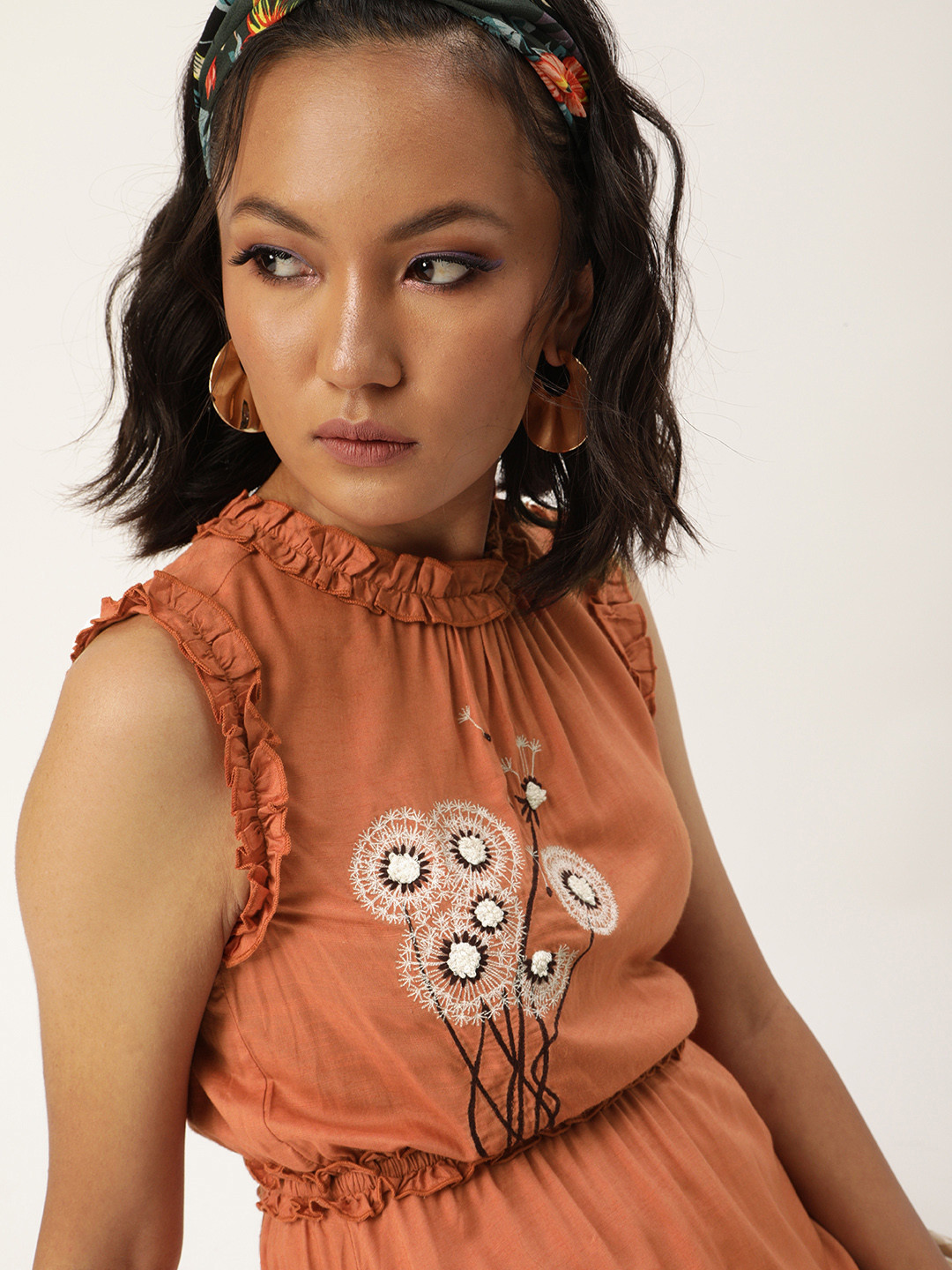 QUIERO Rust Orange Embroidered Regular Top