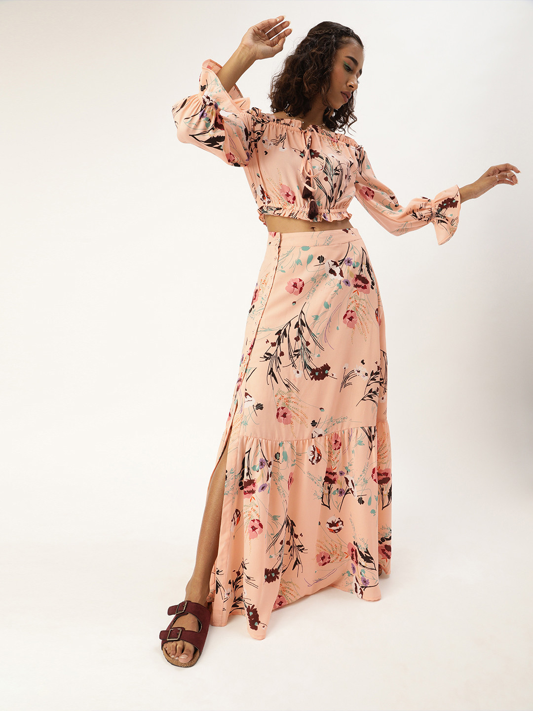 QUIERO Women Attractive Peach Floral Co-Ords Dress