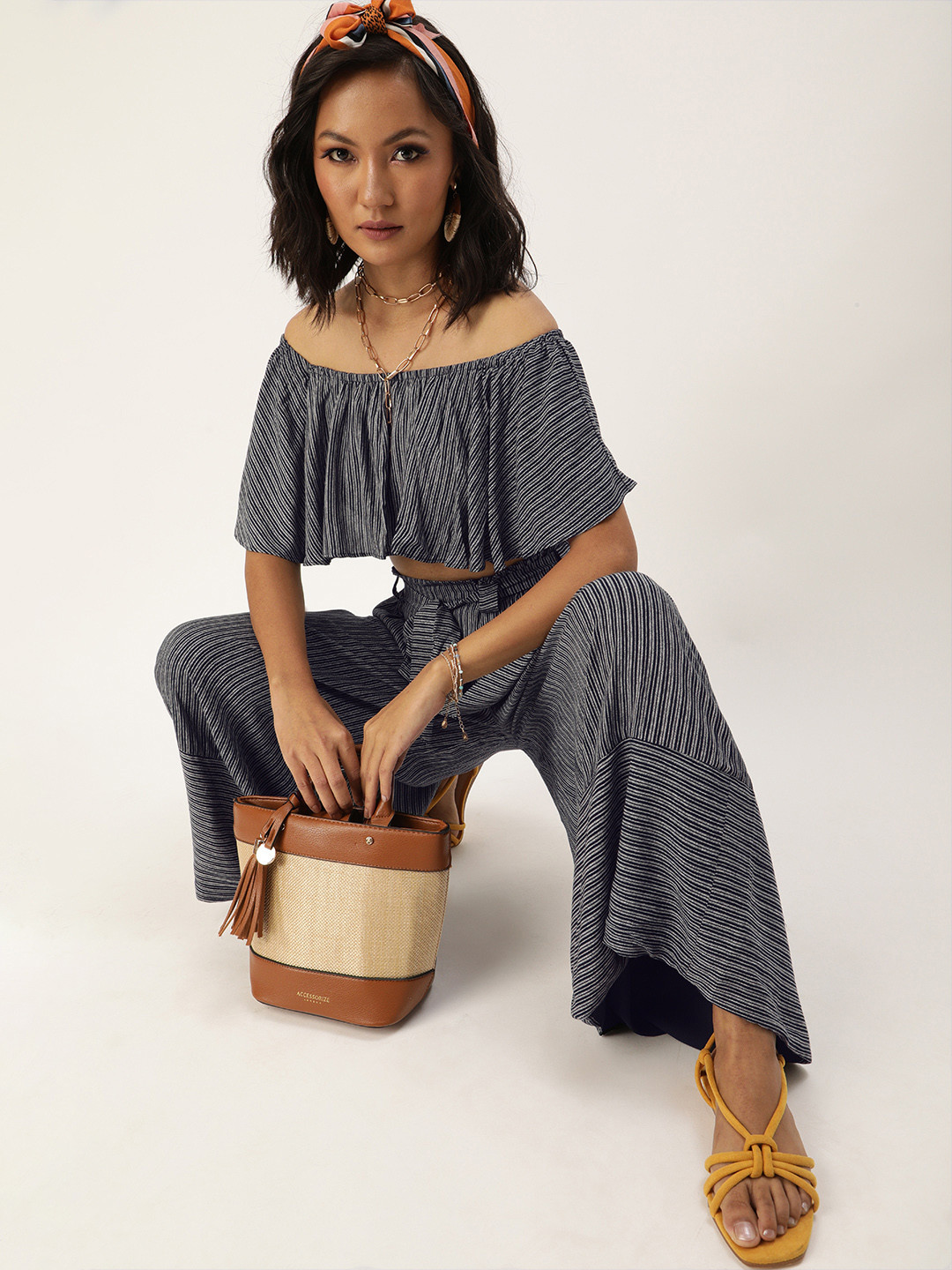 QUIERO Navy Blue & Grey Off-Shoulder Striped Two-Piece with Layered Details