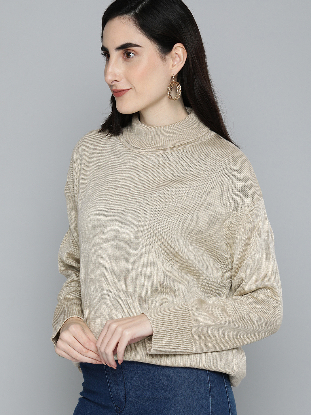 HERE&NOW Women Off White Turtle Neck Self Designed Longline Pullover Sweater
