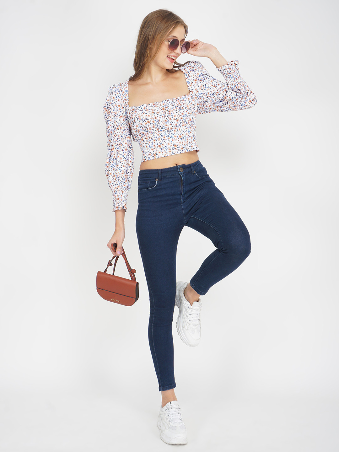 Oxolloxo Multi Floral Smocked Puff Sleeves Crop Top