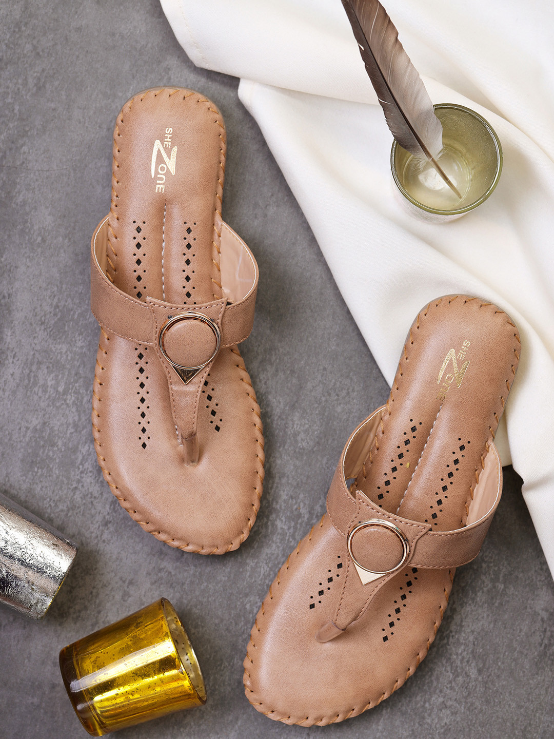 Shezone Women Beige T-Strap Flats with Laser Cuts