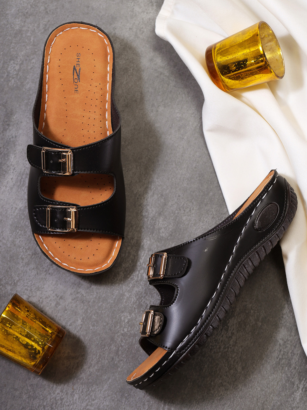 Shezone Women Black Open Toe Flats with Buckles