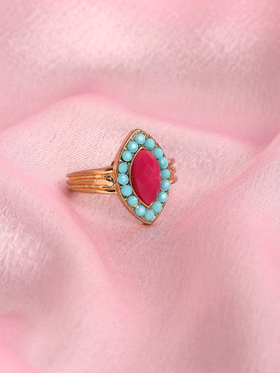 Accessorize London Gold-Plated Turquoise Blue & Magenta Pink Stone Navette Statement Ring