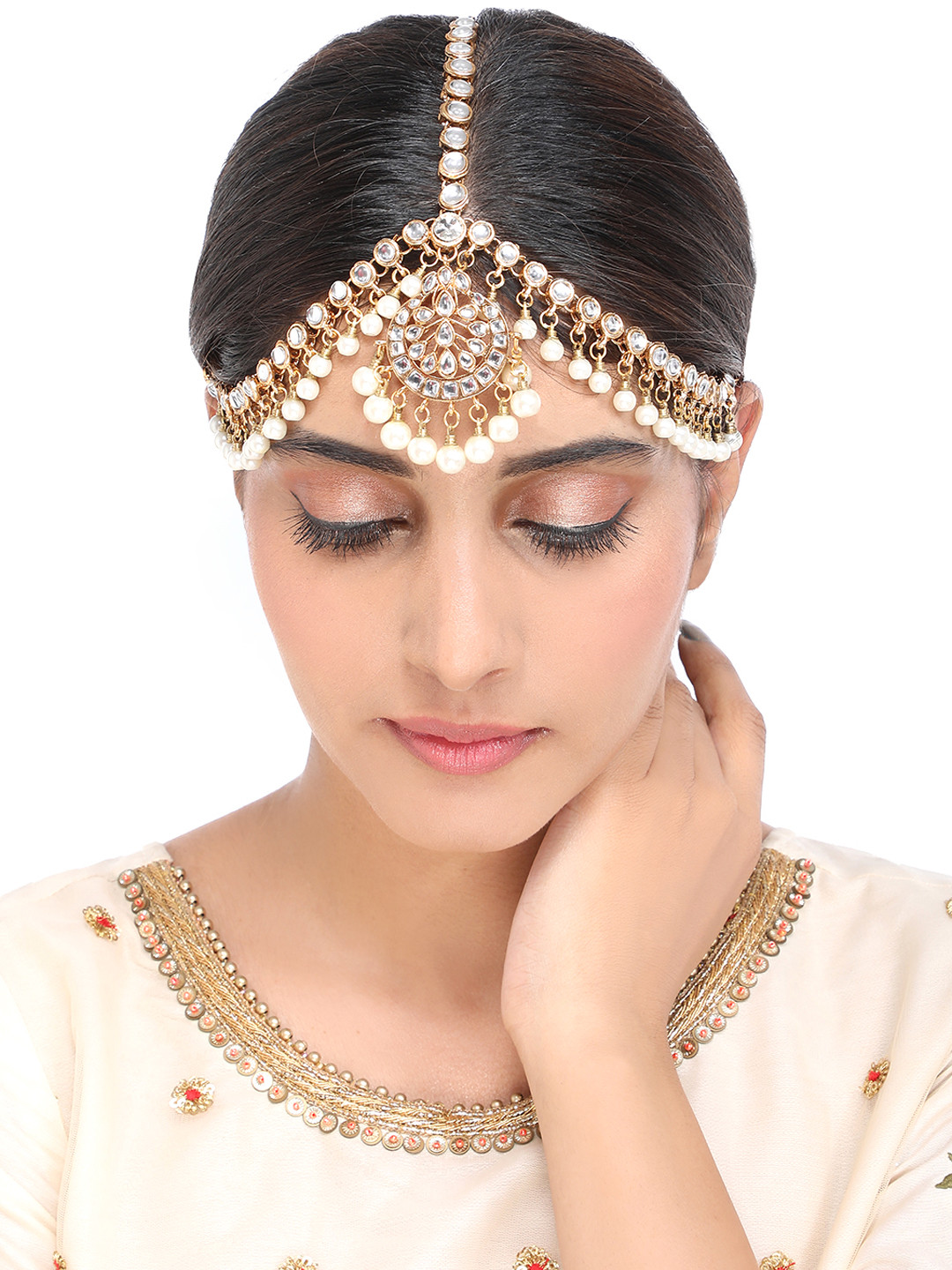 Yellow Chimes Gold-Plated White Kundan-Studded & Pearl Beaded Antique Bridal Maatha Patti