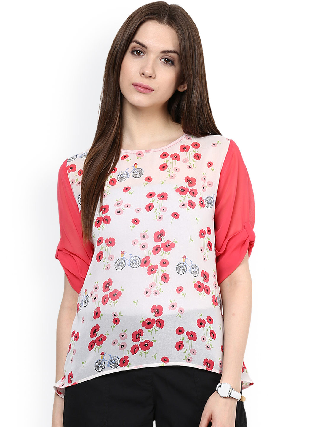 Pannkh White & Pink Floral Print Georgette Top