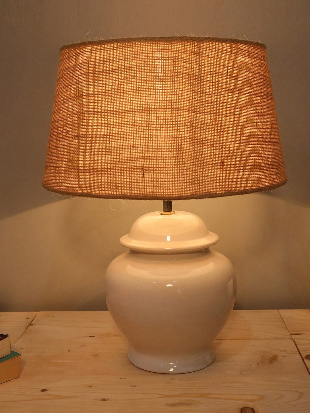 Homesake Beige & White Contemporary Ceramic Pot Shaped Handcrafted Table Lamp with Shade