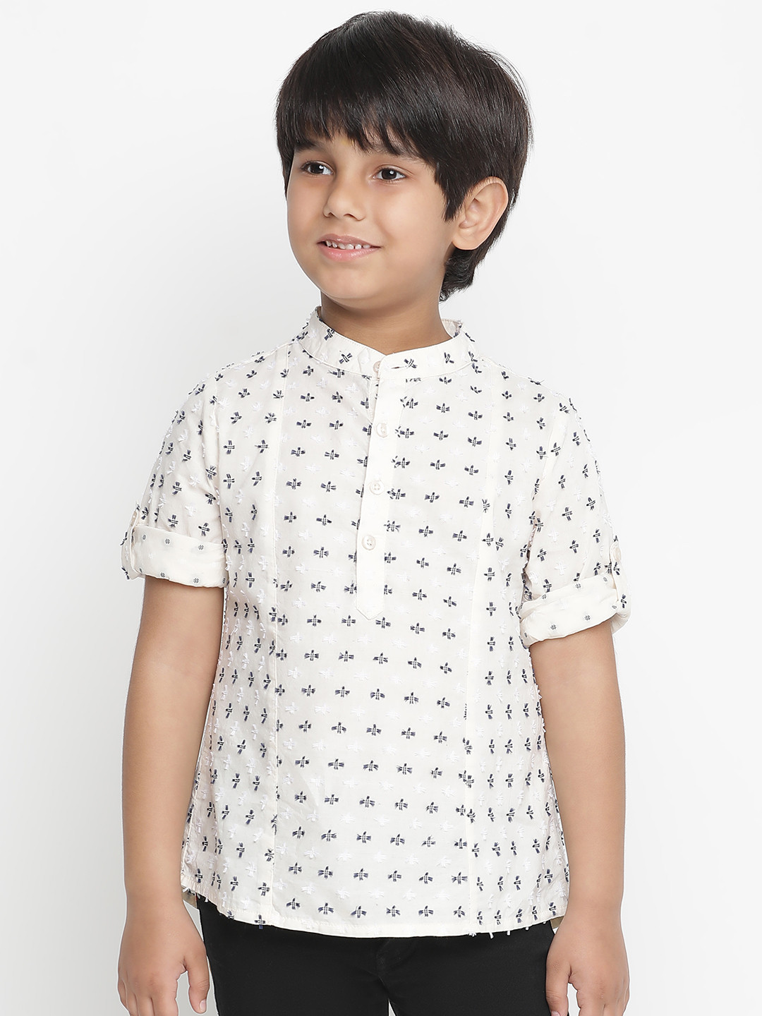 Oxolloxo Boys Cream Abstract Printed Mandarin Collar Casual Shirt