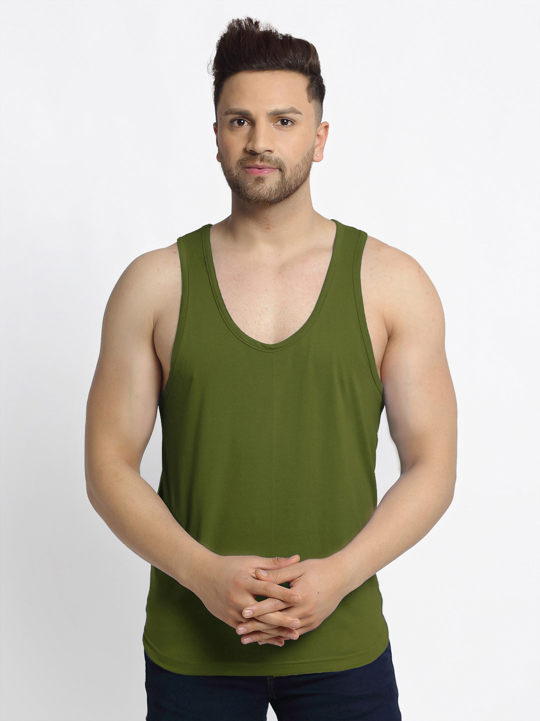Friskers Men Olive Green Solid Cotton Apple Cut Casual Gym Vest C-34