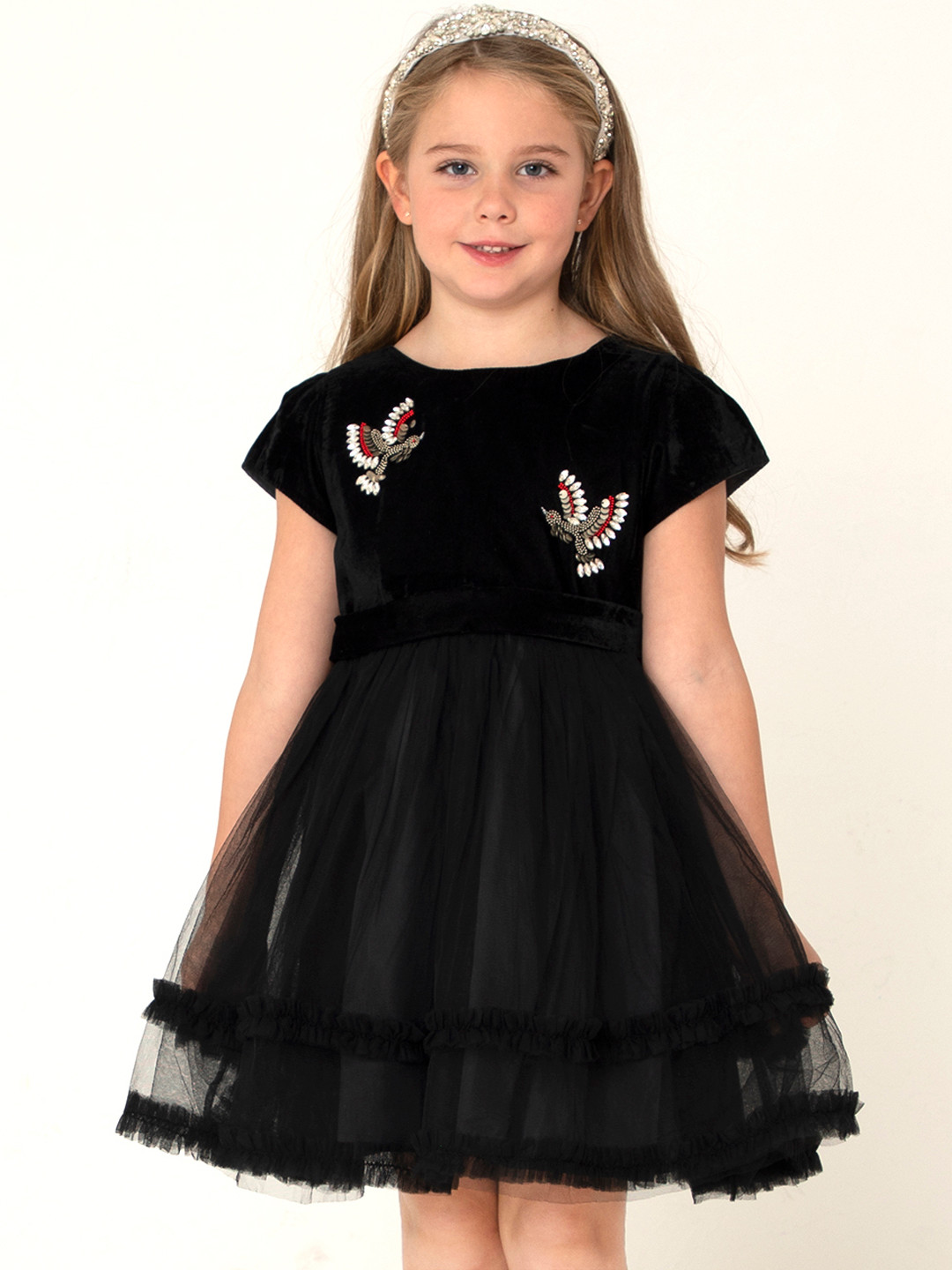 Cherry Crumble Girls Black Embellished Net & Velvet Finish Fit & Flare Dress