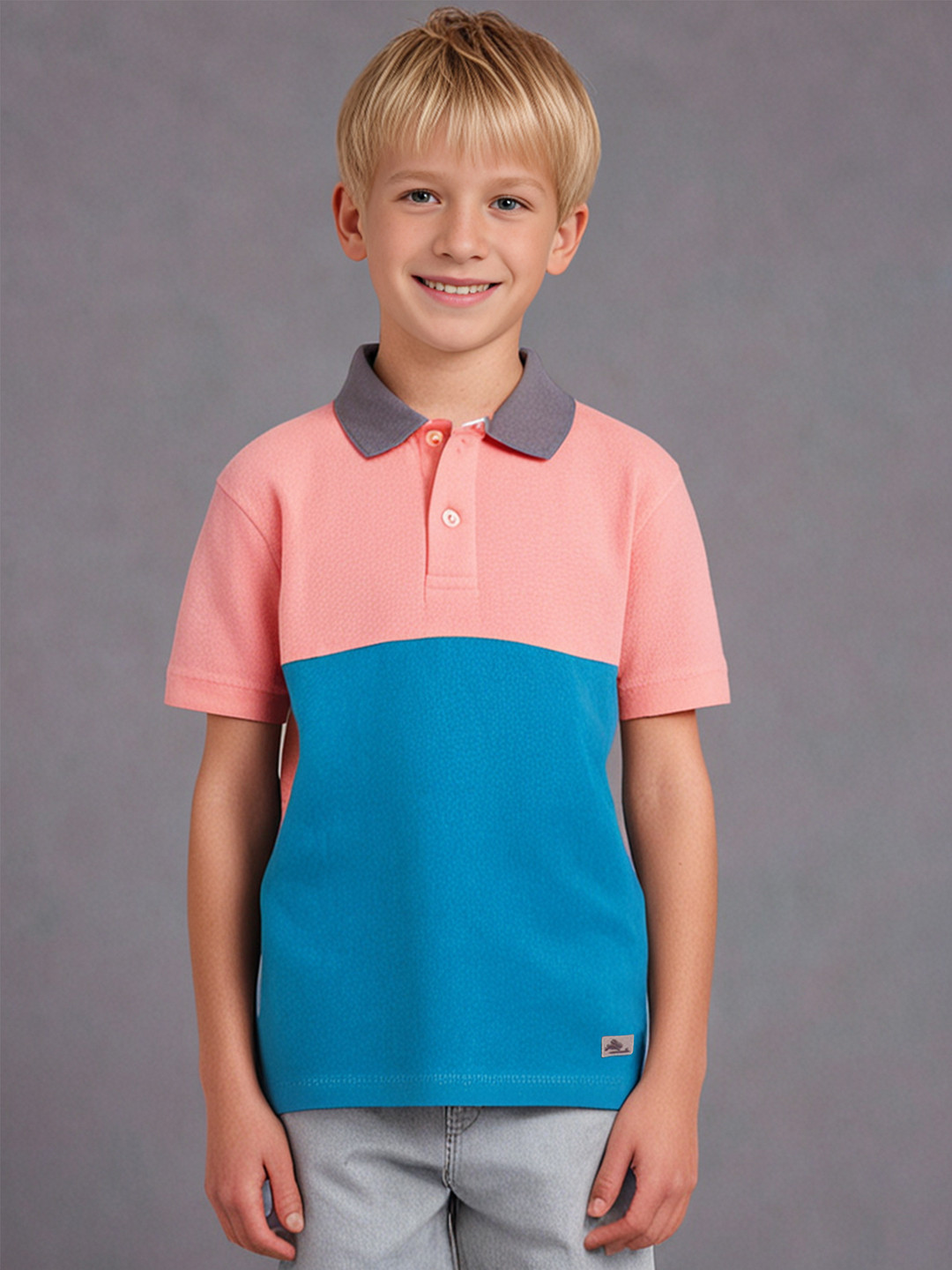 Cherry Crumble Boys Pink & Teal Blue Colourblocked Polo Collar T-shirt