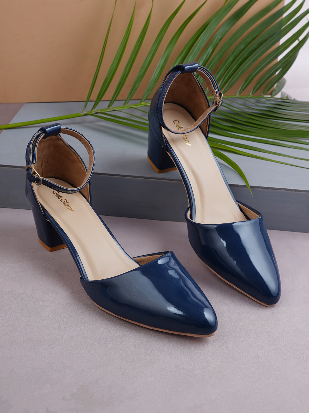 Get Glamr Navy Blue Block Pumps with Buckles