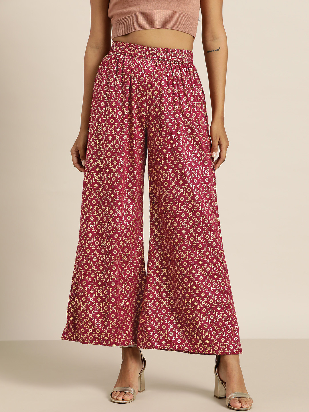 Shae by SASSAFRAS Women Burgundy & Golden Ethnic Motifs Printed Liva Palazzos