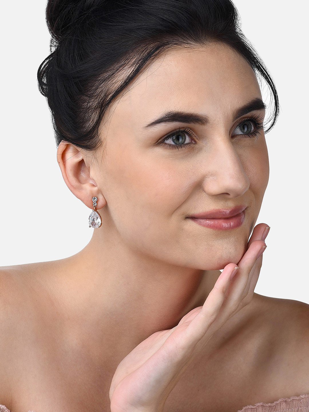 AMI Rose Gold-Plated Cubic Zirconia Teardrop Shaped Drop Earrings